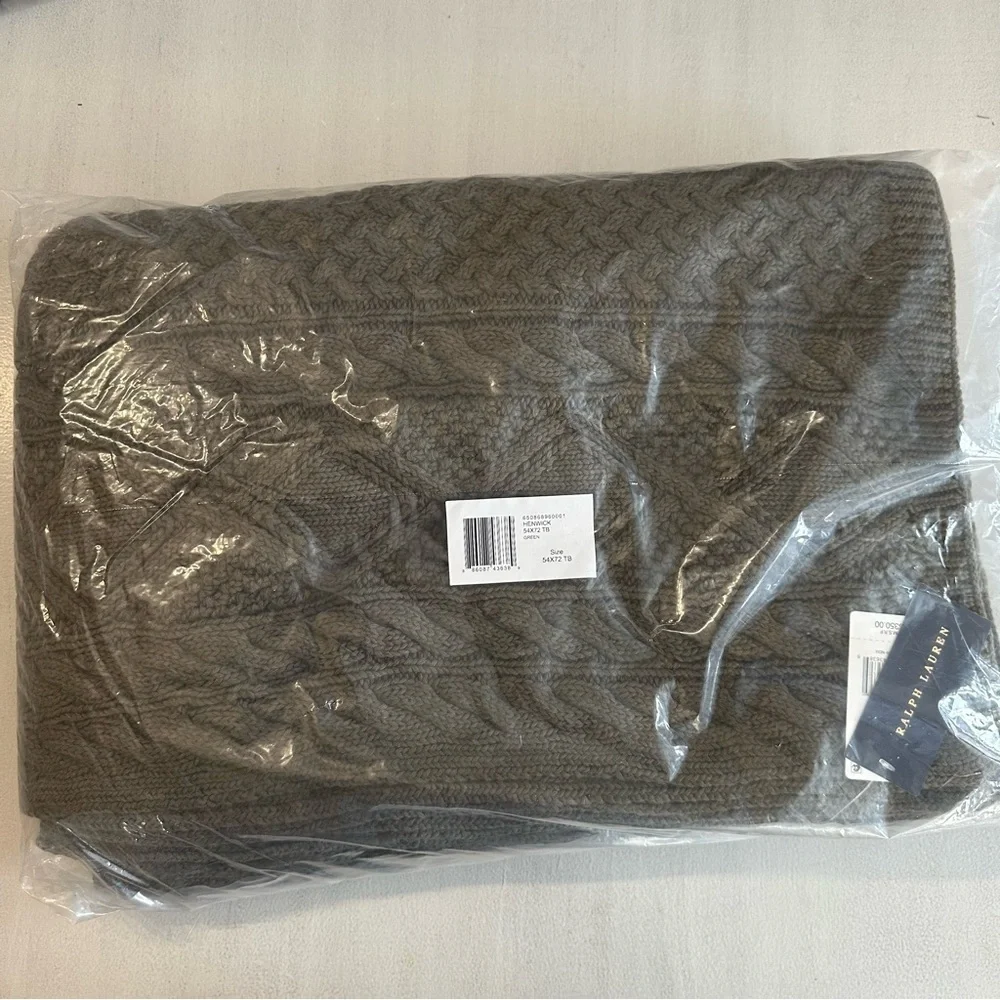 Ralph Lauren Henwick Green Cotton Cable Knit Throw Blanket Sz 54x72 NWT